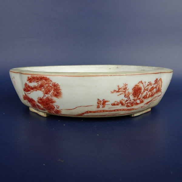 中古盆栽鉢 武州 小型 長辺 約13.8cm 木瓜鉢 赤絵 風景画 中国鉢  中古鉢 1198407171
