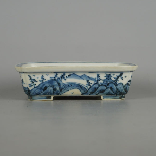 中古 盆栽鉢 九谷 祥山画 竹峰 小型 長辺 約 15.2cm 長方鉢 外縁 隅入 染付 山水図 観賞用  中古鉢 o1198421740