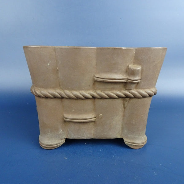 中古盆栽鉢 落款あり中国 w落款 小型 長辺 約13cm 正方鉢 縄中帯 竹 泥物 中国鉢  中古鉢 k1198411621