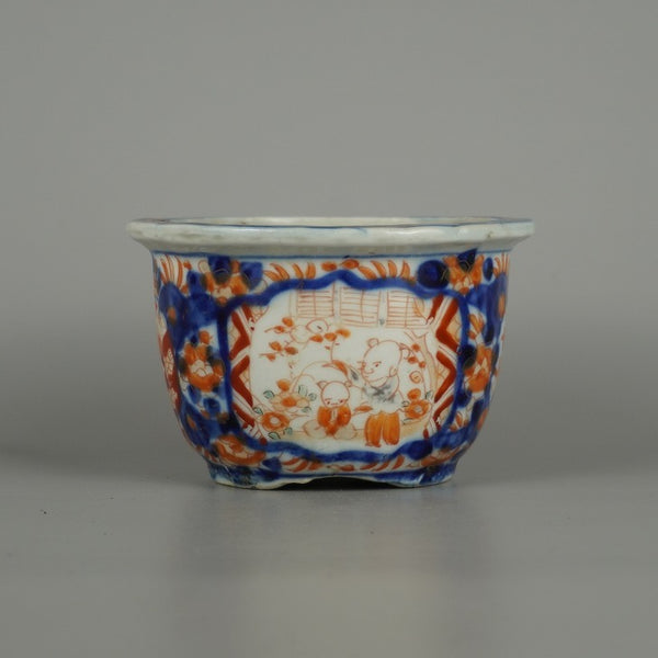 中古盆栽鉢 落款なし 小型 長辺 約 12.5cm 丸鉢 色絵 人物 花 植物 模様 観賞用  中古鉢 c1198409517