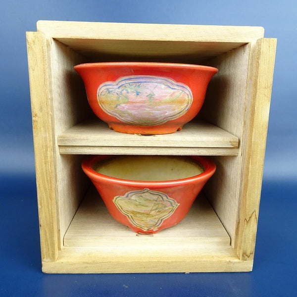 中古盆栽鉢 静和富造 2個セット 小鉢 長辺 約8.7cm 丸鉢 赤釉 窓付 色絵 山水図 共箱 観賞用  中古鉢 r1198411802