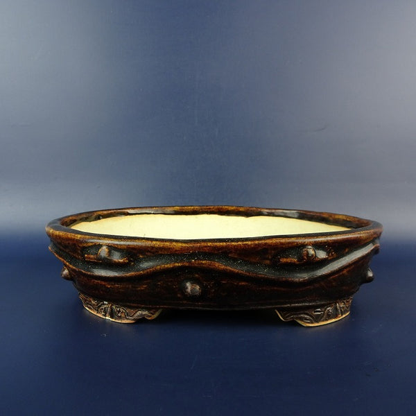 中古盆栽鉢 落款あり 中型 長辺 約 22.2cm 楕円鉢 釉薬  中古鉢 c1198411716