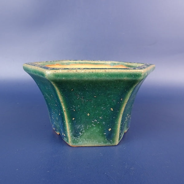 中古盆栽鉢 常滑 壱興 渡辺 一弘 小型 長辺 約10cm 六角鉢 外縁 釉薬  中古鉢 r1198407719