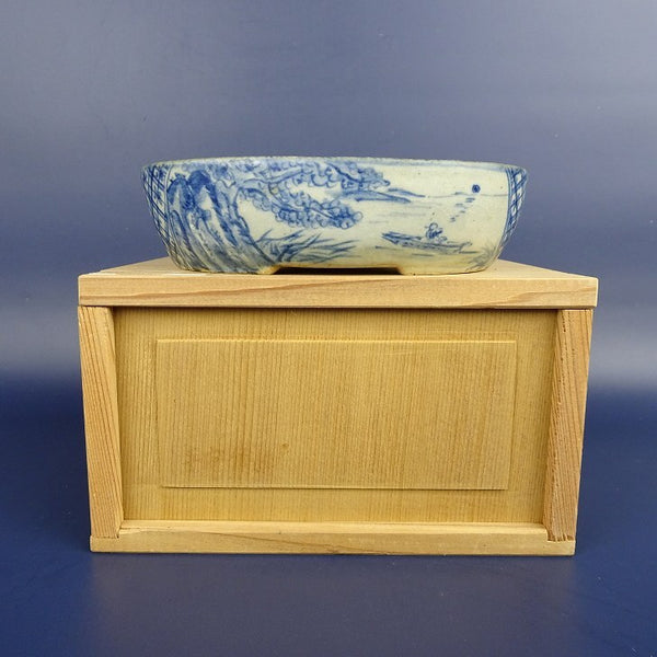 中古盆栽鉢 竹峯 小型 長辺 約13.3cm 楕円鉢 染付 風景画 箱付 観賞用  中古鉢 1198406269