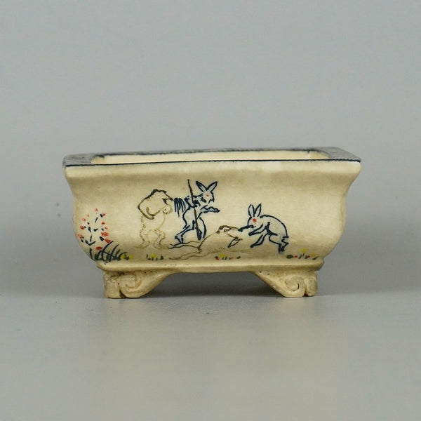 中古盆栽鉢 無門 小型 長辺 約8.5cm 長方鉢 染付 鳥獣戯図 ウサギ カエル 観賞用  中古鉢 t1198407938