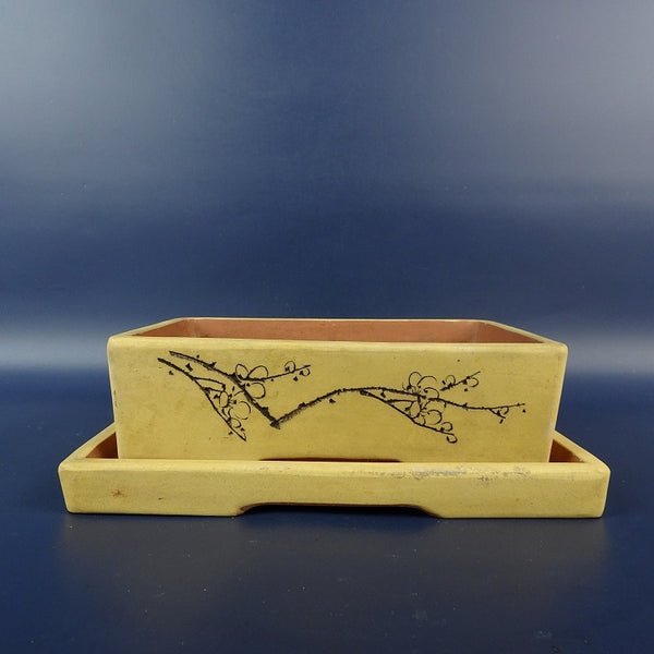 中古盆栽鉢 落款なし 受皿付 小型 長辺 約 18.5cm 長方鉢 釘彫 花 文字 釉薬  中古鉢 m1198406141