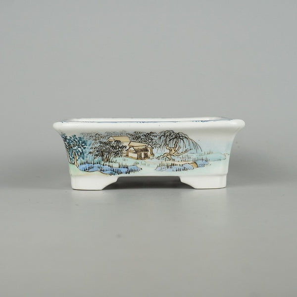 中古盆栽鉢 落款あり 小型 長辺 約13cm 長方鉢 色絵 山水図 中国鉢 観賞用  中古鉢 r1198410410