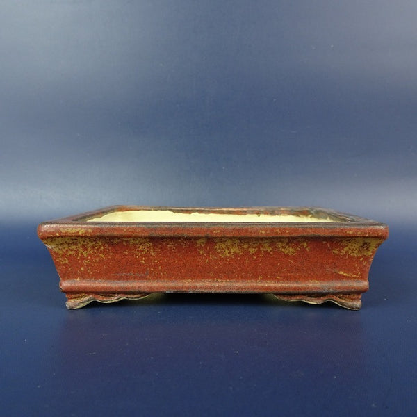 中古盆栽鉢 落款あり 小型 長辺 約 11.1cm 長方鉢 外縁 下帯 釉薬 中国鉢  中古鉢 s1198413227