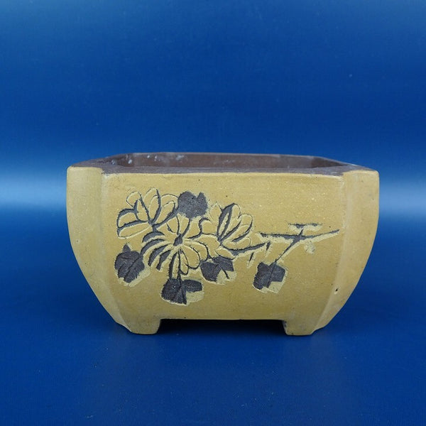 中古盆栽鉢 荊溪?古 小型 長辺 約10cm 正方鉢 隅切 釘彫 花 植物 釉薬  中古鉢 l1198410779