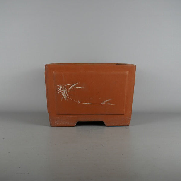 中古盆栽鉢 中国宜興 中型 長辺 約 26.3cm 正方鉢 窓付 彫入 植物 漢文字 泥物 観賞用  中古鉢 l1198407097