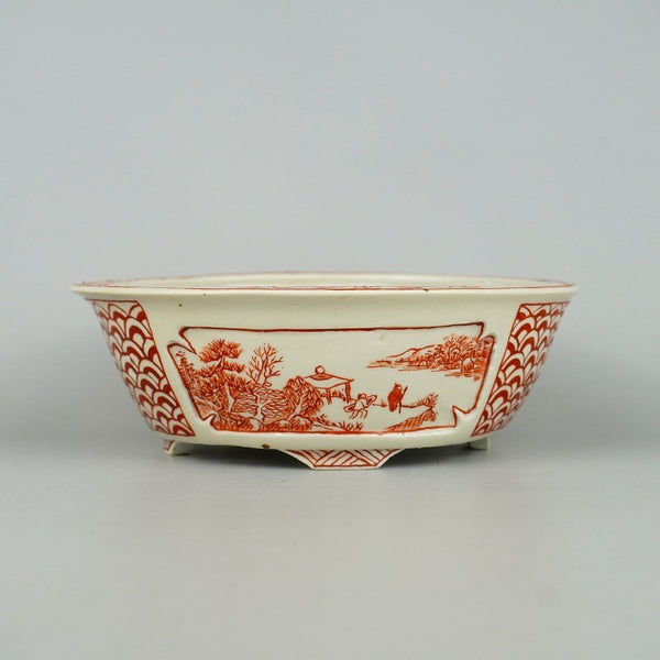 中古盆栽鉢 越前芳水 小型 長辺 約16cm 丸鉢 額入 赤絵 山水図 共布 共箱 観賞用  中古鉢 g1198420114