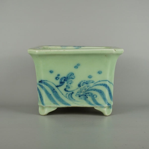 中古盆栽鉢 瀬戸焼 中型 長辺 約 25cm 長方鉢 外縁 隅切 染付 海波 観賞用  中古鉢 w1198408546