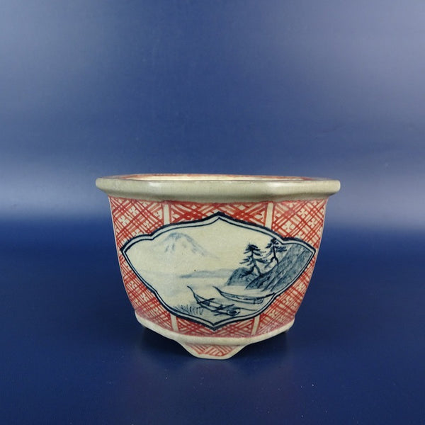 中古盆栽鉢 美山 小鉢 長辺 約 8.1cm 八角鉢 外縁 風景画 模様 釉薬 絵鉢 観賞用  中古鉢 t1198407244