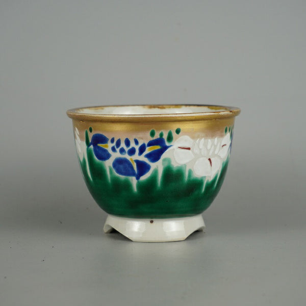 中古盆栽鉢 九谷廣仙 小型 長辺 約10.5cm 丸鉢 外縁 色絵 花 はな ハナ 観賞用  中古鉢 h1198425430