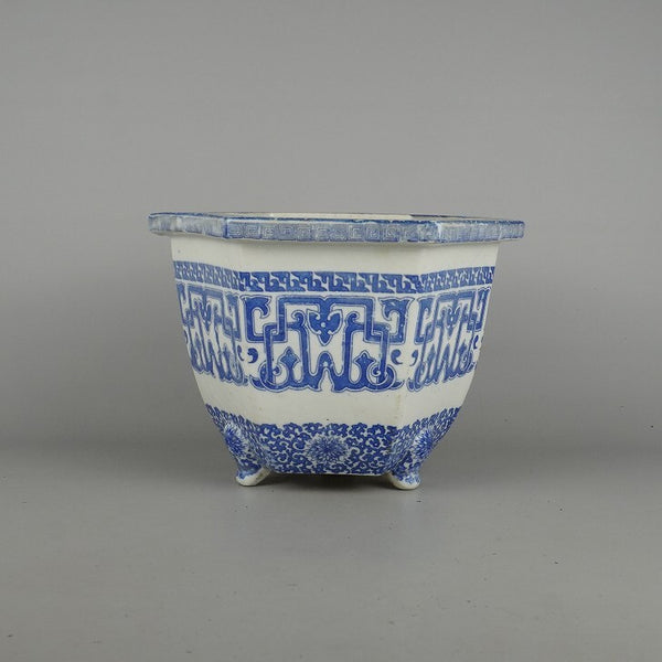 中古盆栽鉢 瀬戸焼 中型 長辺 約24.5cm 六角鉢 花 模様  中古鉢 o1198420940