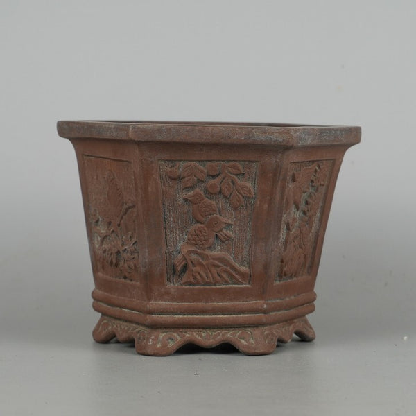 中古盆栽鉢 落款あり 小型 長辺 約13.8cm 六角鉢 外縁 窓付 鳥 花 泥物  中古鉢 1198401839