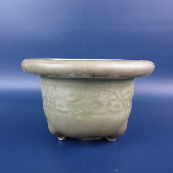 中古盆栽鉢 落款なし 小型 長辺 約12.2cm 丸鉢 外縁 浮彫 青磁 中国鉢  中古鉢 t1198411168