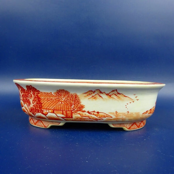 中古 盆栽鉢 月香 小型 長辺 約16cm 長方鉢 赤絵 山水図 外縁 撫角 段足  中古鉢 t1198412962