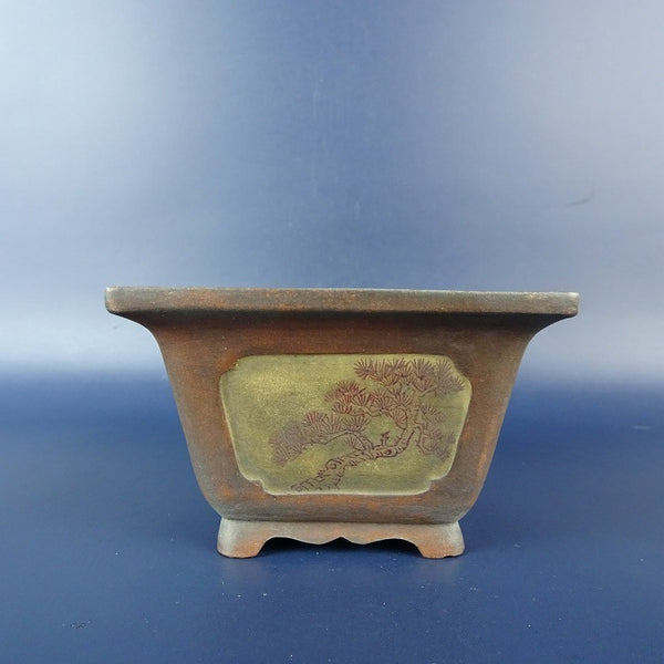 中古盆栽鉢 中国宜興 小鉢 長辺 約 9cm 正方鉢 額入 外縁 松 竹 梅 絵鉢 観賞用  中古鉢 u1198426477