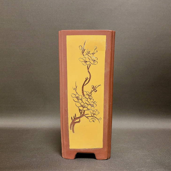 中古盆栽鉢 中国宜興 小型 高さ 約20cm 下方 正方鉢 隅入 釘彫 花 泥鉢 中国鉢 観賞用  中古鉢 r1198410113