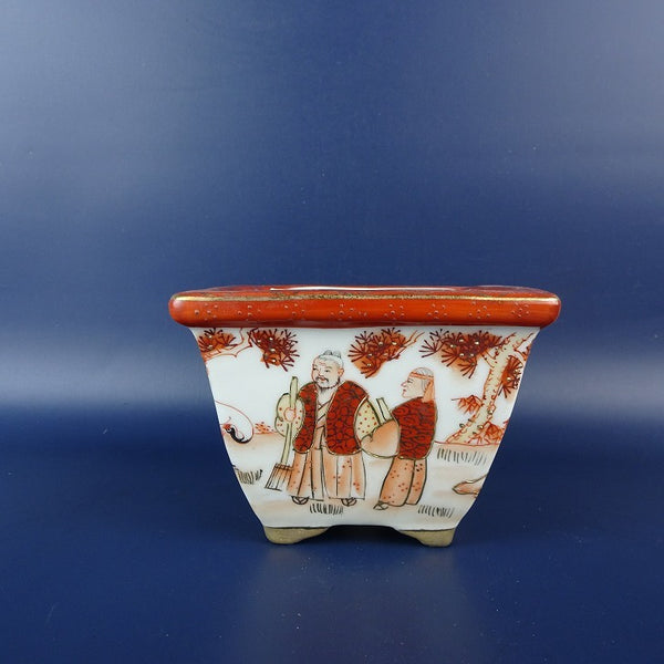 中古盆栽鉢 落款なし 小型 長辺 約 10.3cm 正方鉢 外縁 赤絵 鶴 人物 中国鉢 観賞用  中古鉢 s1198412535