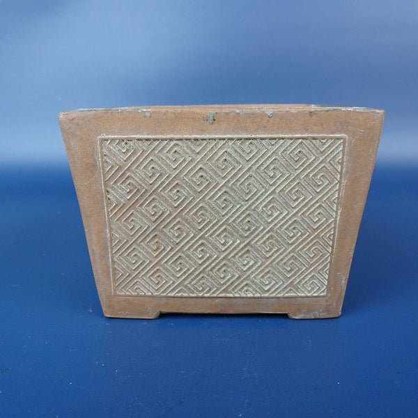中古盆栽鉢 中国宜興 w落款 小鉢 長辺 約9cm 長方鉢 釘彫 模様 泥鉢  中古鉢 w1198412517