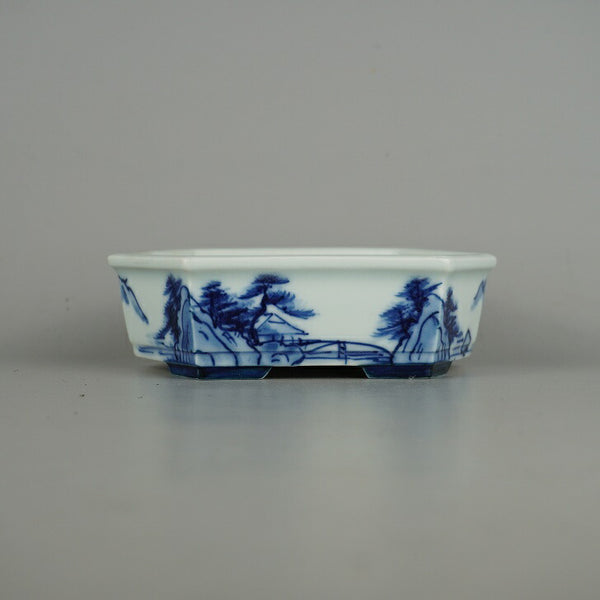中古盆栽鉢 落款あり 小型 長辺 約14.3cm 六角鉢 染付 山水図 観賞用  中古鉢 c1198410617