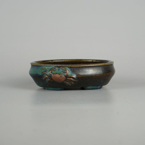 中古 盆栽鉢 曙山 小型 長辺 約 12.2cm 楕円鉢 蟹付 かに カニ 釉薬 観賞用  中古鉢 e1198416455