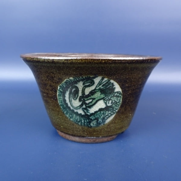 中古盆栽鉢 常滑 樹晃造 小型 長辺 約11cm 丸鉢 絵鉢 龍 亀 鳥 釉薬 観賞用  中古鉢 m1198408924