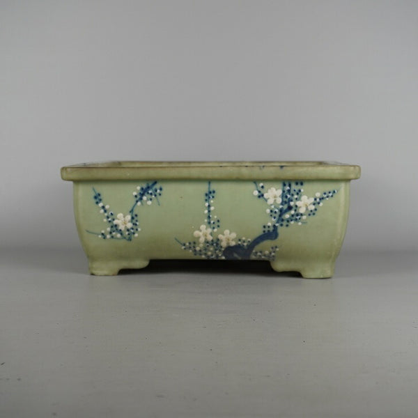 中古盆栽鉢 瀬戸焼 中型 長辺 約 31.8cm 長方鉢 外縁 色絵 花 はな ハナ 釉薬 観賞用  中古鉢 m1198412108