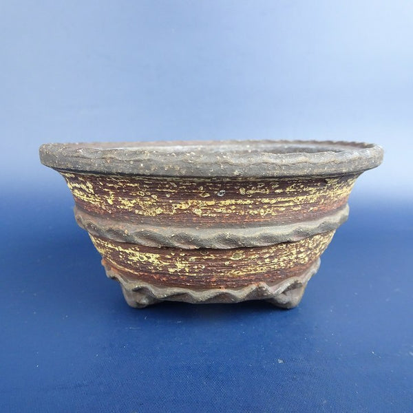 中古盆栽鉢 落款あり 万博記念 小型 長辺 約10.5cm 丸鉢 外縁 泥鉢  中古鉢 r1198404638