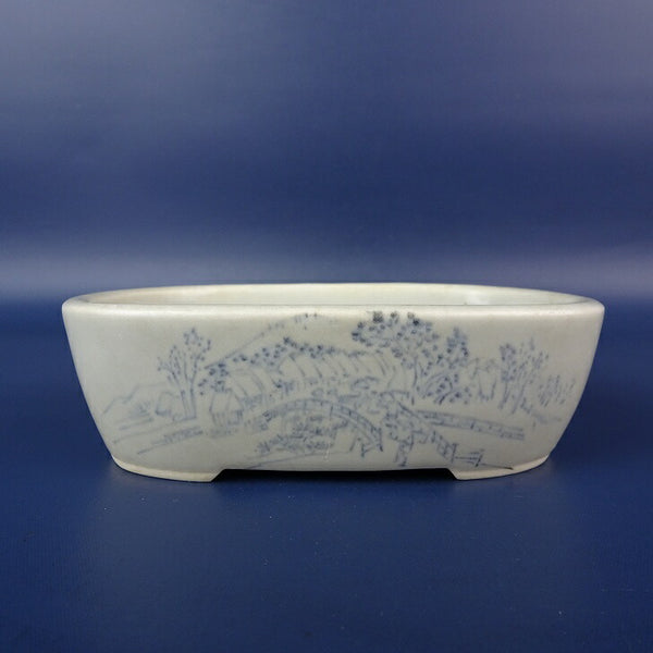 中古盆栽鉢 文山 小型 長辺 約11.5cm 長方鉢 撫角 染付 東海道 五拾三次ノ内 風景  中古鉢 v1198436682