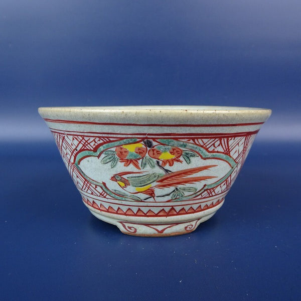 中古盆栽鉢 九谷 寛山 小型 長辺 約10.5cm 丸鉢 色絵 鳥 模様 観賞用  中古鉢 r1198406522