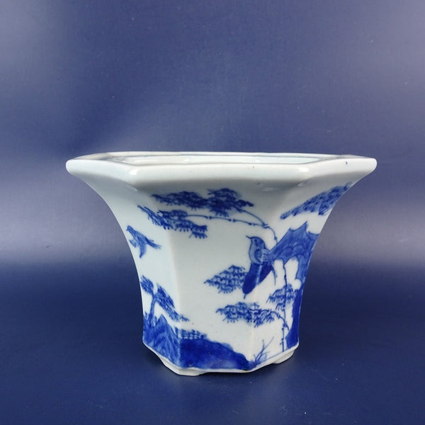 中古盆栽鉢 南京 落款なし 小型 長辺 約11.5cm 八角鉢 染付 鳥 木 観賞用  中古鉢 k1198410823