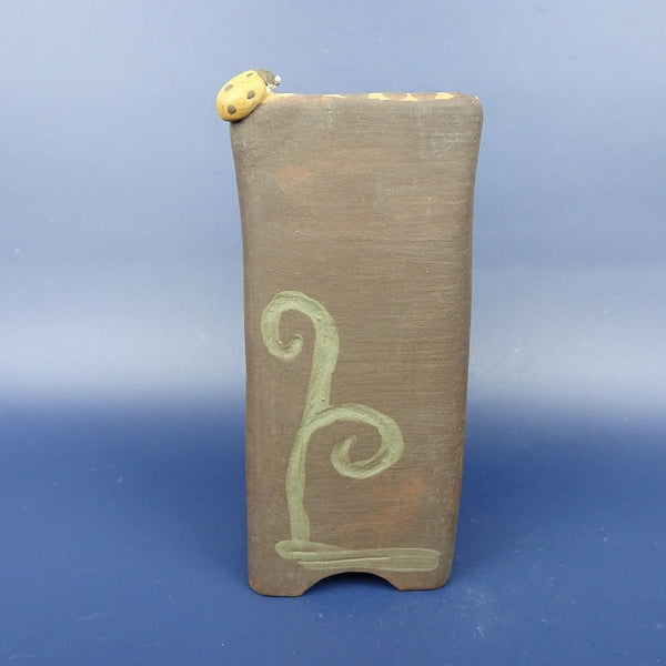 中古盆栽鉢 神戸 修 小型 長辺 高さ 約11cm 正方鉢 色絵 貼付 てんとう虫 釉薬  中古鉢 w1198410034