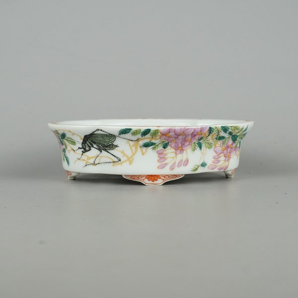 中古盆栽鉢 和光 小型 長辺 約14.8cm 木瓜鉢 色絵 花 昆虫 虫 はな ハナ 中国鉢 観賞用  中古鉢 x1198415464
