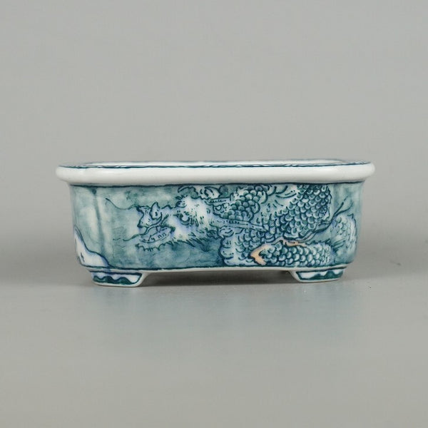 中古盆栽鉢 落款あり 小型 長辺 約10.3cm 長方鉢 龍 波 リュウ 中国鉢 観賞用  中古鉢 t1198404497