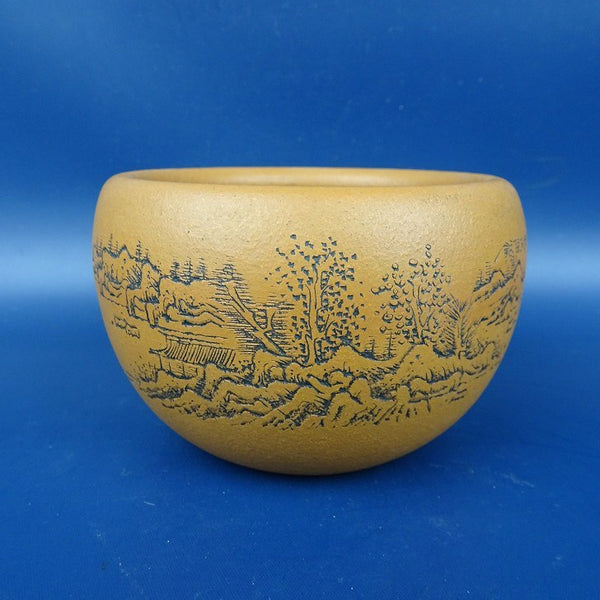 中古盆栽鉢 落款あり 小型 長辺 約9.7cm 丸鉢 彫入 山水図 中国鉢  中古鉢 r1198404183