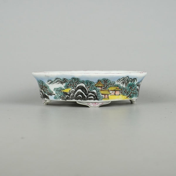 中古盆栽鉢 和光 小型 長辺 約14.8cm 木瓜鉢 色絵 山水図 中国鉢 観賞用  中古鉢 n1198413013