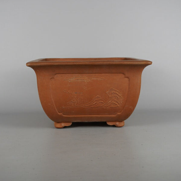 中古盆栽鉢 落款あり 中型 長辺 約 26.3cm 正方鉢 外縁 雲足 窓入 山水図 泥物 観賞用  中古鉢 v1198443353