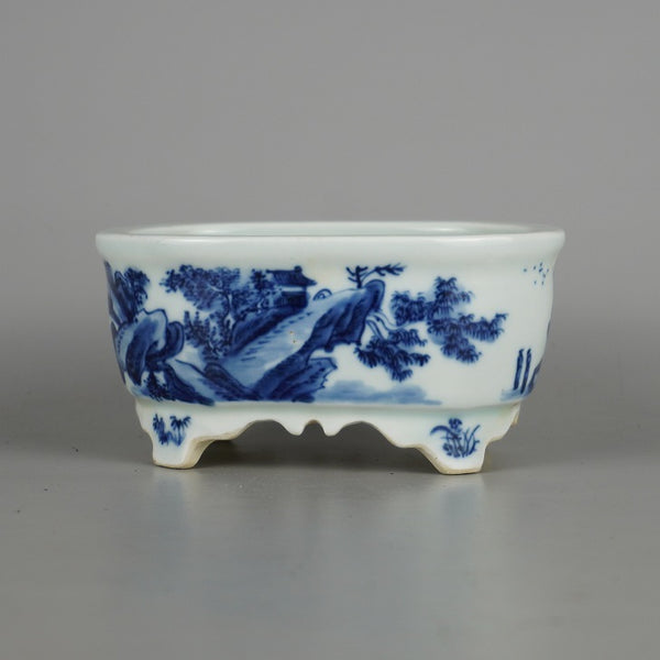 中古盆栽鉢 落款なし 小型 長辺 約 13.3cm 楕円鉢 山水図 観賞用  中古鉢 j1198418557