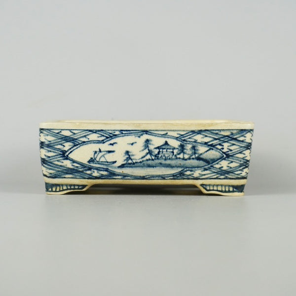 中古盆栽鉢 美山 小型 長辺 約11.8cm 長方鉢 窓付 染付 山水図  中古鉢 v1198436044