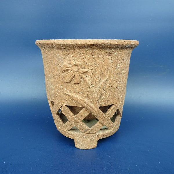 中古盆栽鉢 神戸 小鉢 長辺 約9cm 丸鉢 透かし 格子 浮彫 花 蛙 泥鉢  中古鉢 j1198411639