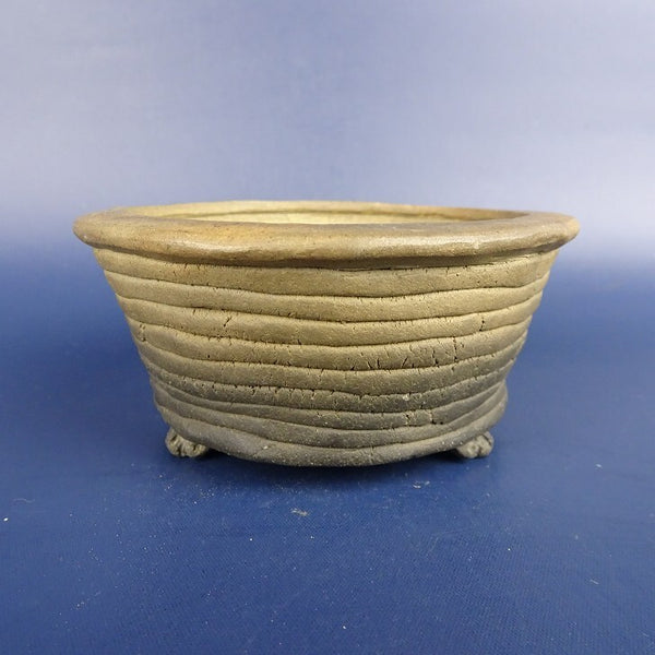 中古盆栽鉢 清水 利重 小鉢 長辺 約9.5cm 丸鉢 外縁 雲足 焼締め 泥物  中古鉢 b1198422767