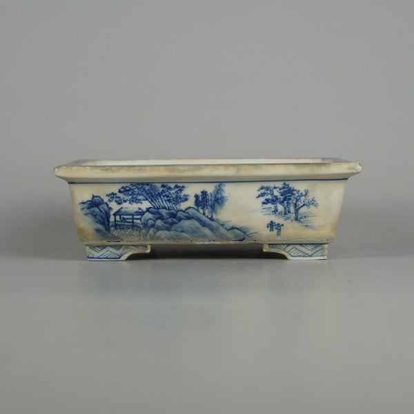 中古 盆栽鉢 有度山 小型 長辺 約 13.4cm 長方鉢 外縁 山水図 観賞用  中古鉢 k1198408625