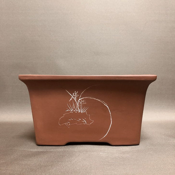 中古盆栽鉢 落款あり 中型 長辺 約23cm 長方鉢 外縁 釘彫 花 漢字 植物 ハナ 泥物 中国鉢  中古鉢 g1198413294