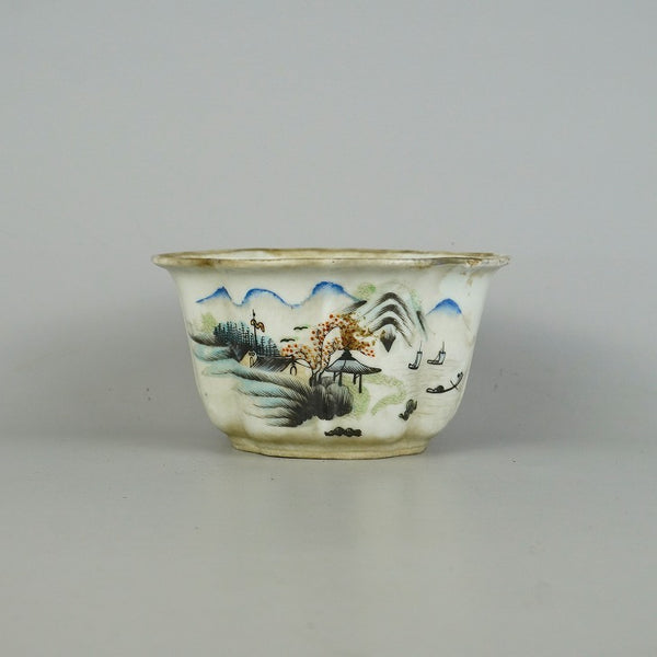 中古盆栽鉢 南京 小型 長辺 約14cm 木瓜鉢 色絵 山水図 観賞用  中古鉢 e1198416162