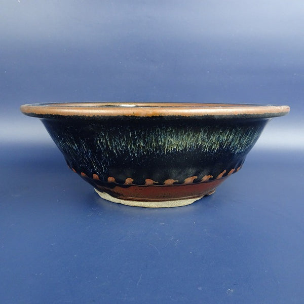 中古盆栽鉢 小石原焼 中型 長辺 約20.5cm 丸鉢 外縁 釉薬  中古鉢 k1198408333