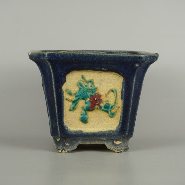 中古盆栽鉢 広東鉢 小型 長辺 約 18.5cm 正方鉢 外縁 隅切 色絵 花 釉薬  中古鉢 b1198419182