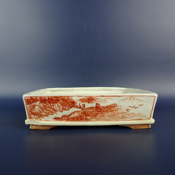 中古盆栽鉢 芳水 越前芳水作 小型 長辺 約 13.2cm 長方鉢 赤絵 風景 観賞用  中古鉢 u1198421749